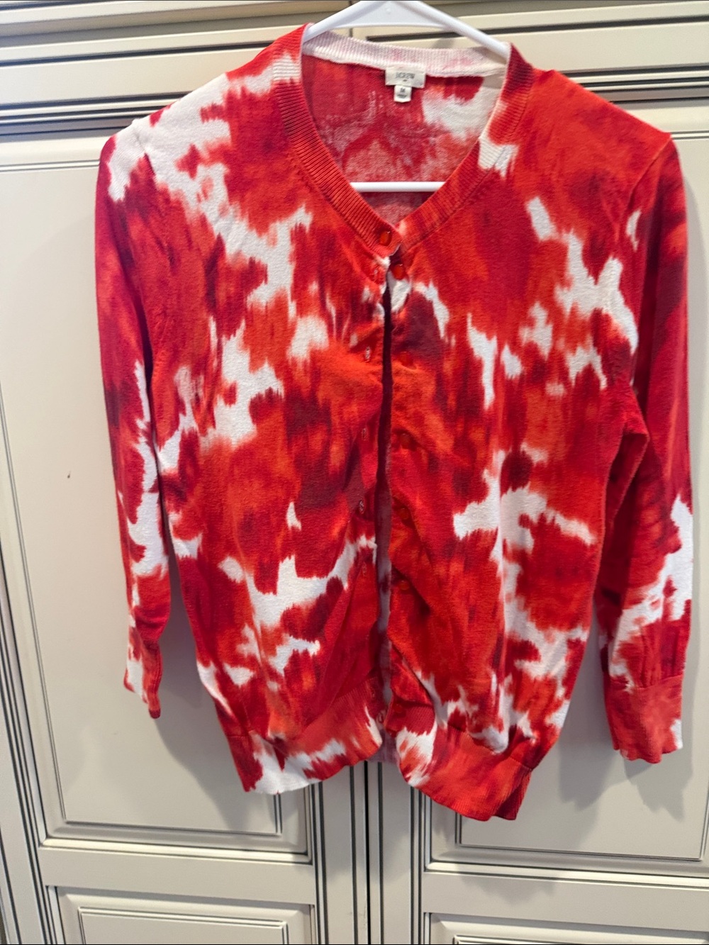 J. Crew Red and White Tie-Dye cardigan Sweater